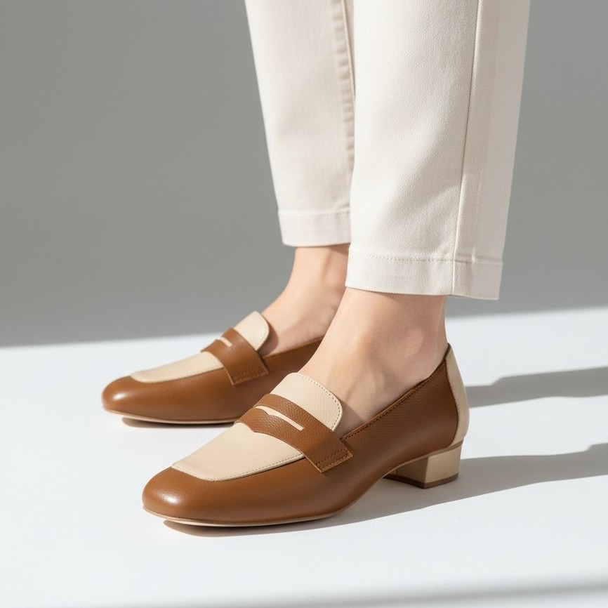 Mocassim Feminino em Couro Fly Premium Caramelo e Amêndoa Bico Quadrado Palmilha Comfort Pig Solado Antiderrapante