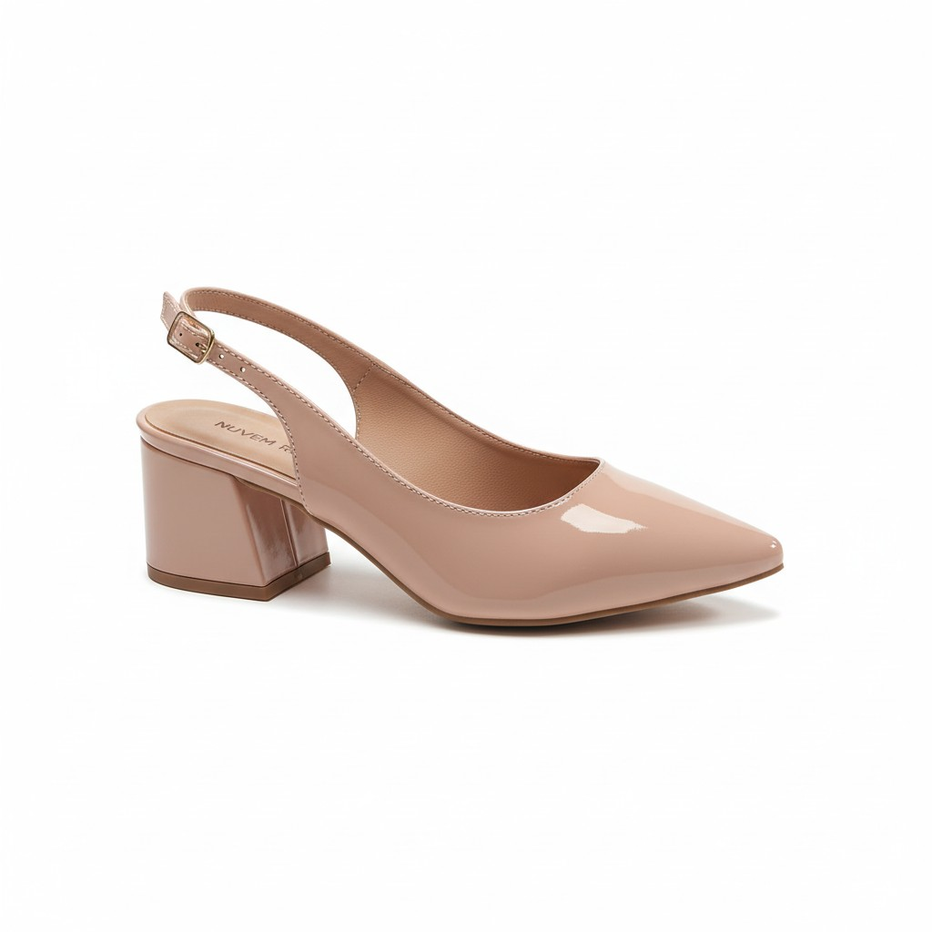 Scarpin Slingback Sapato Feminino Nude Verniz Clássico Elegante Salto Médio Confortável Sola em Pig Gel Premium Luxo