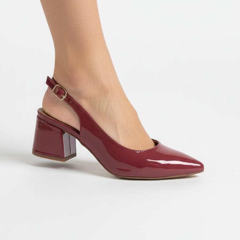 Scarpin Slingback Sapato Feminino Marsala Verniz Clássico Elegante Salto Médio Confortável Sola em Pig Gel Premium Luxo