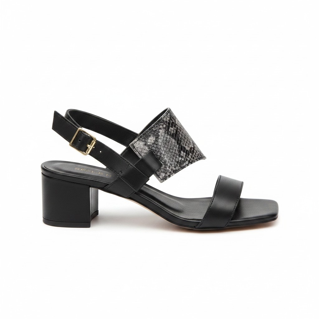 Sandália Feminina Couro Cobra e Napa Preta Couro Salto 4cm Confortável Elegante Sola Micro Chic Moderno