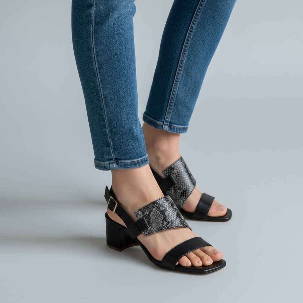 Sandália Feminina Couro Cobra e Napa Preta Couro Salto 4cm Confortável Elegante Sola Micro Chic Moderno