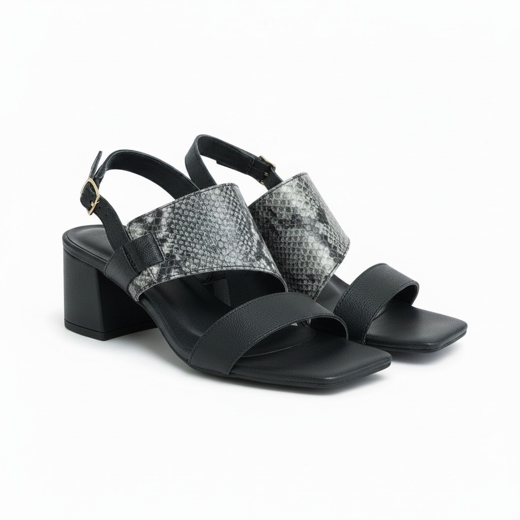 Sandália Feminina Couro Cobra e Napa Preta Couro Salto 4cm Confortável Elegante Sola Micro Chic Moderno