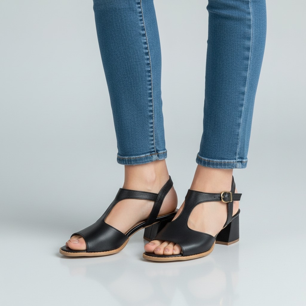 Sandália Feminina Couro Fly Preto Salto Bloco 5cm Confortável Antiderrapante Casual Elegante