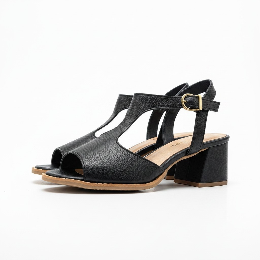Sandália Feminina Couro Fly Preto Salto Bloco 5cm Confortável Antiderrapante Casual Elegante