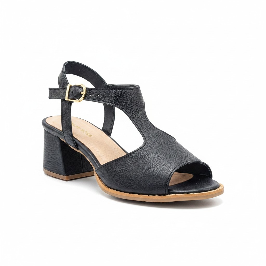Sandália Feminina Couro Fly Preto Salto Bloco 5cm Confortável Antiderrapante Casual Elegante