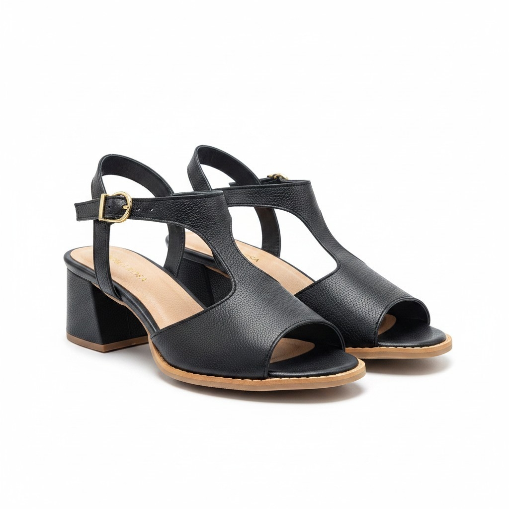 Sandália Feminina Couro Fly Preto Salto Bloco 5cm Confortável Antiderrapante Casual Elegante