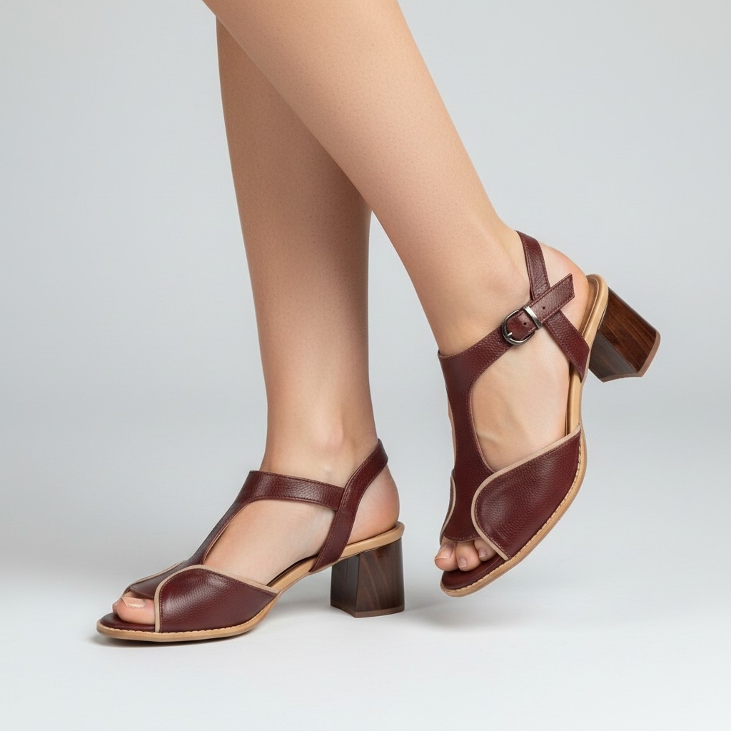Sandália Feminina Couro Fly Bordô e Amendôa Salto Madeira Imbuia 5cm Conforto Premium Antiderrapante