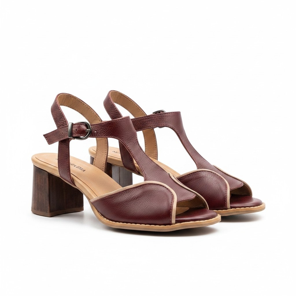 Sandália Feminina Couro Fly Bordô e Amendôa Salto Madeira Imbuia 5cm Conforto Premium Antiderrapante