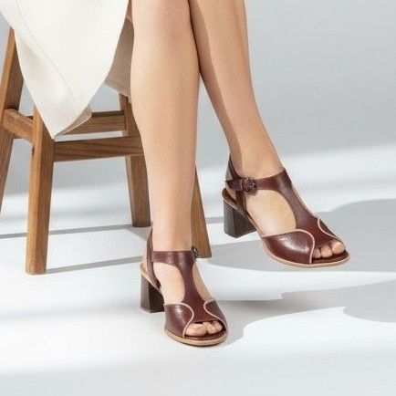 Sandália Feminina Couro Fly Bordô e Amendôa Salto Madeira Imbuia 5cm Conforto Premium Antiderrapante