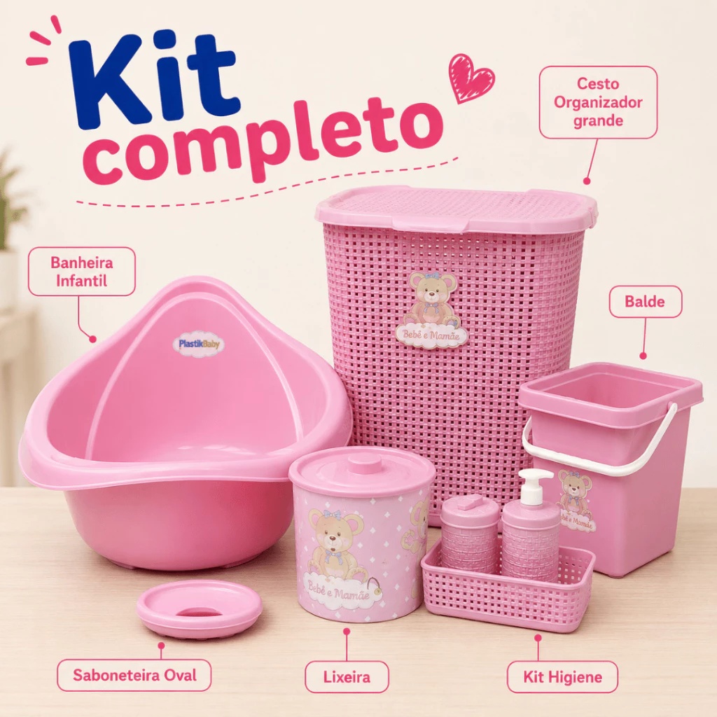 Kit Mamãe Organizada Banheira Bebê 22L Plastibaby Cesto 30L Balde 7L Kit Higiene Saboneteira Lixeira