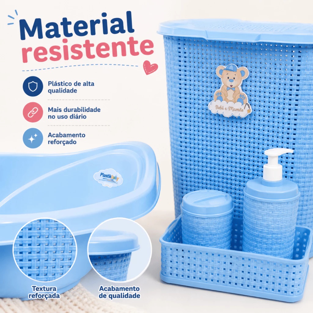 Kit Mamãe Organizada Banheira Bebê 22L Plastibaby Cesto 30L Balde 7L Kit Higiene Saboneteira Lixeira
