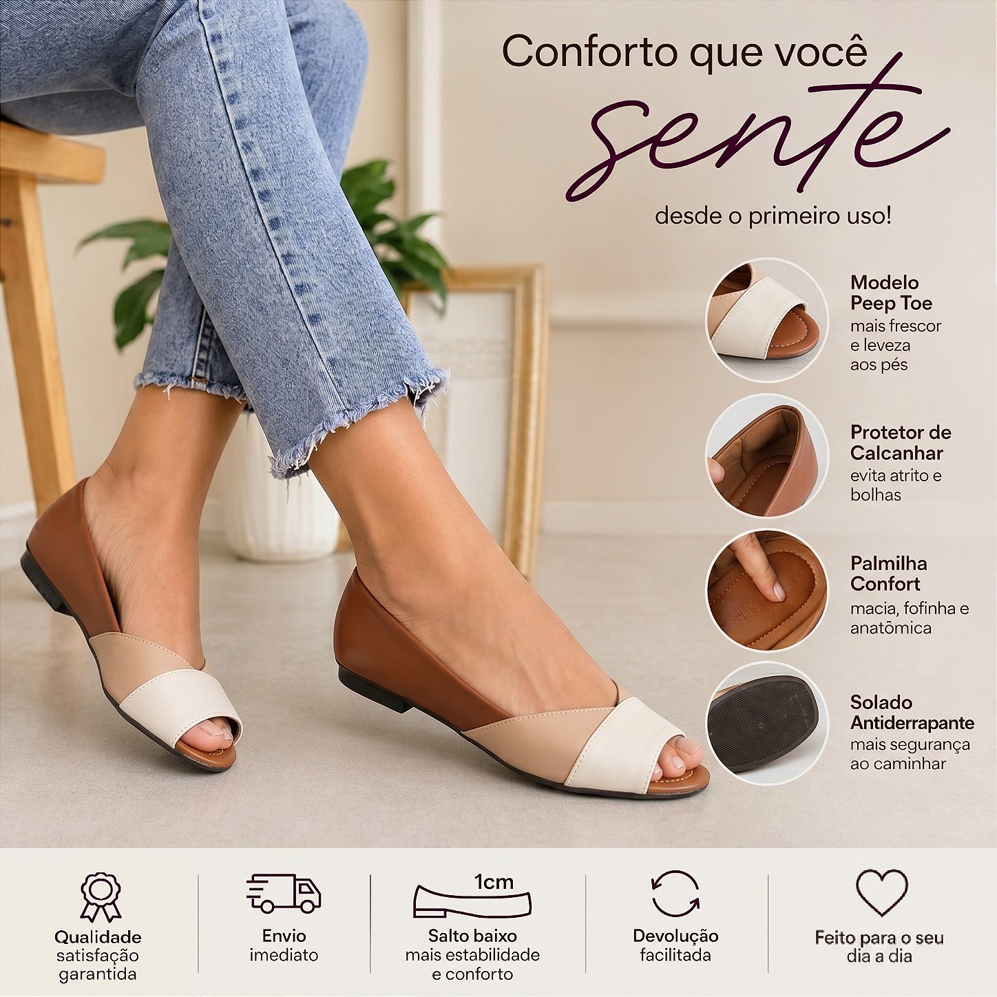 Sapatilha Peep Toe Tricolor Palmilha Macia Confortável Dia a Dia e Trabalho