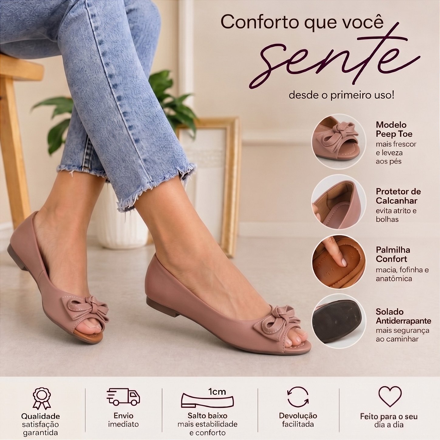 Sapatilha feminina Sapato Feminino Peep Toe Palmilha Macia Confortável Dia a Dia e Trabalho