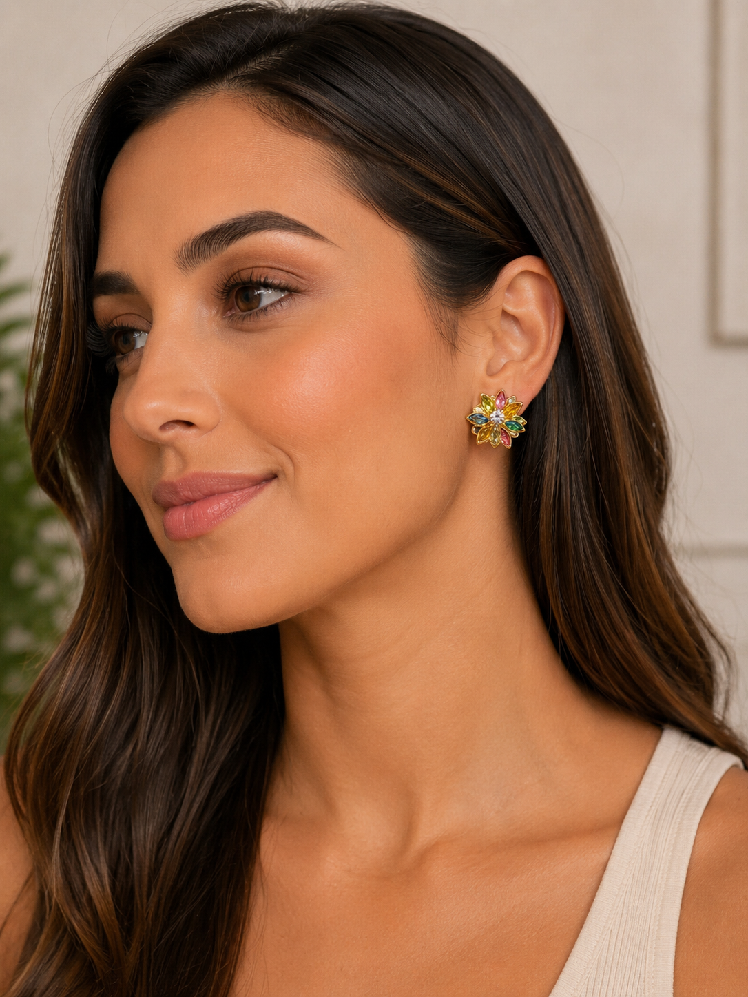 Brinco Flor Folheado com Zircônio Colorido