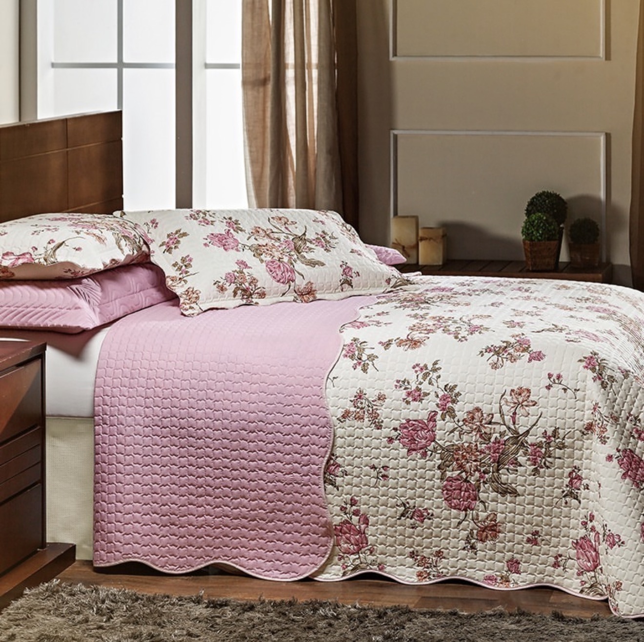 Colcha Matelassada Dupla Face Queen Juma – 3 Peças | Percal 180 Fios | Rosas