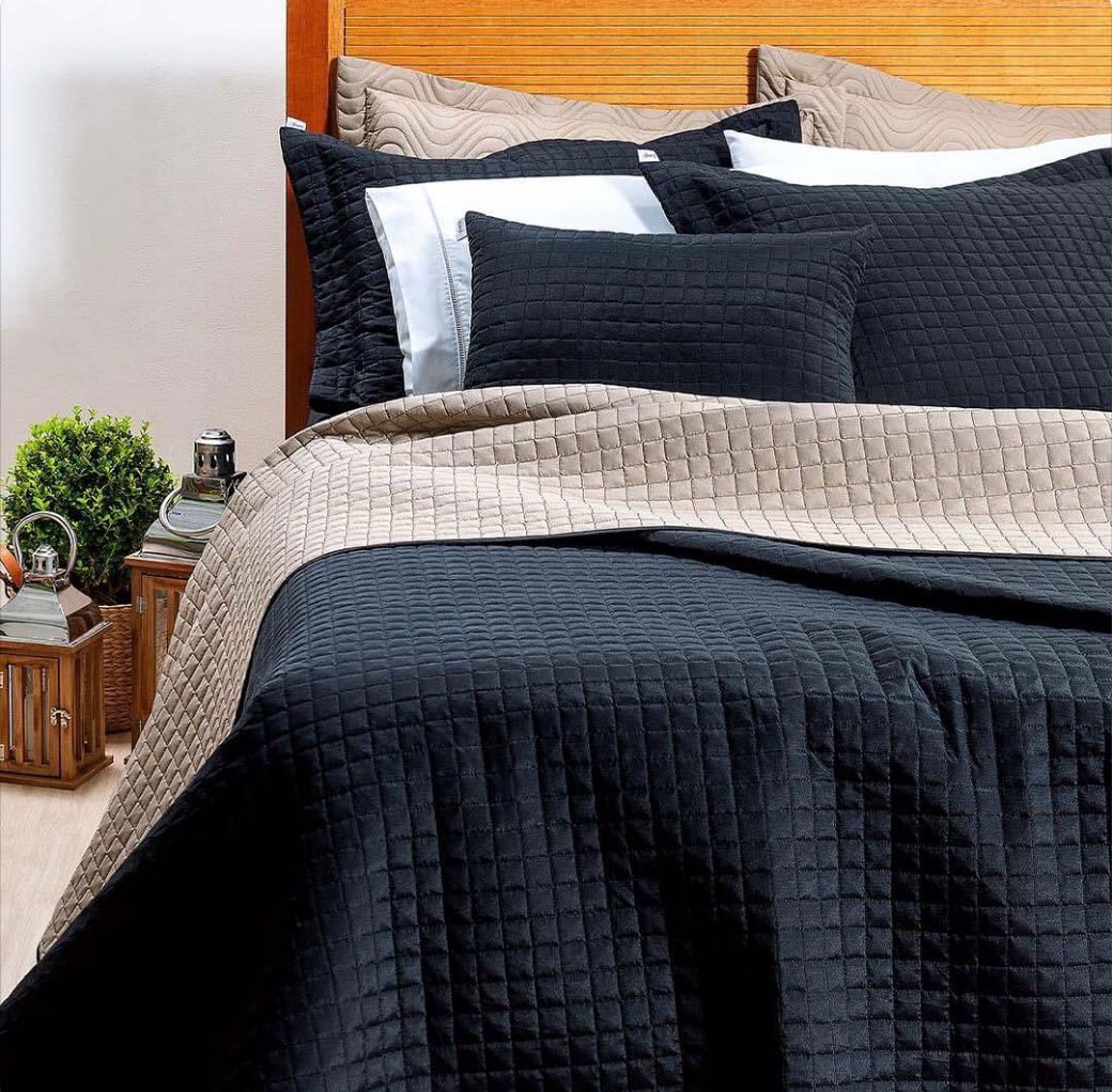 Cobre Leito Casal Antuérpia 3 Peças Matelassado Percal 180 Fios Preto/Casto