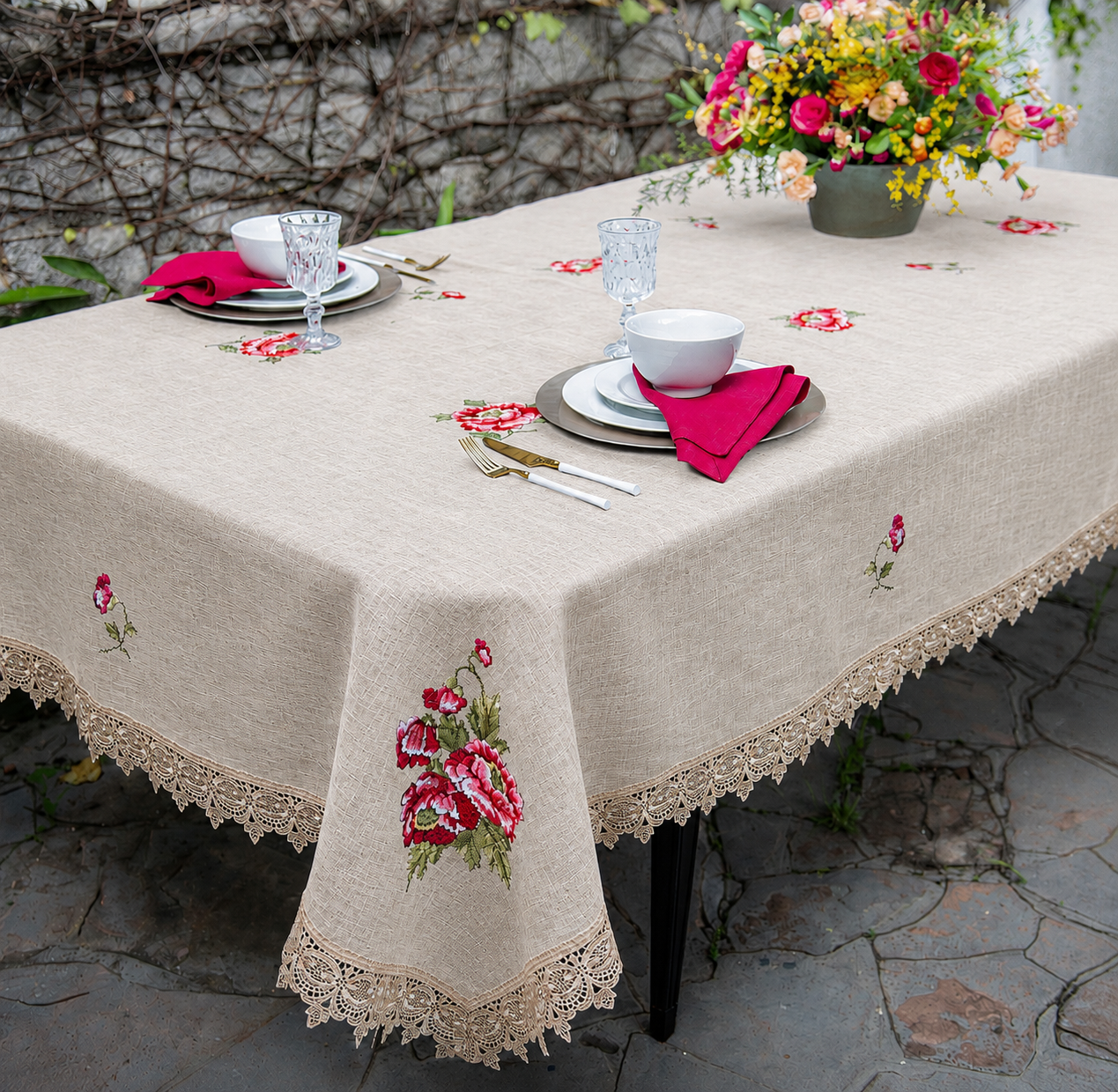 Toalha de Mesa Retangular Rafimex Linho e Poliester Bege 1,80m x 2,25m