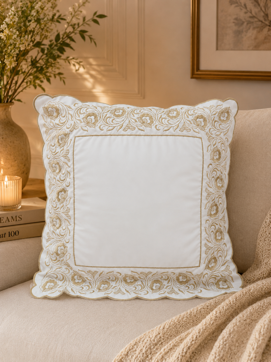 Almofada Elegance Juma 400 Fios Bordada com Refil Branca 45x45cm