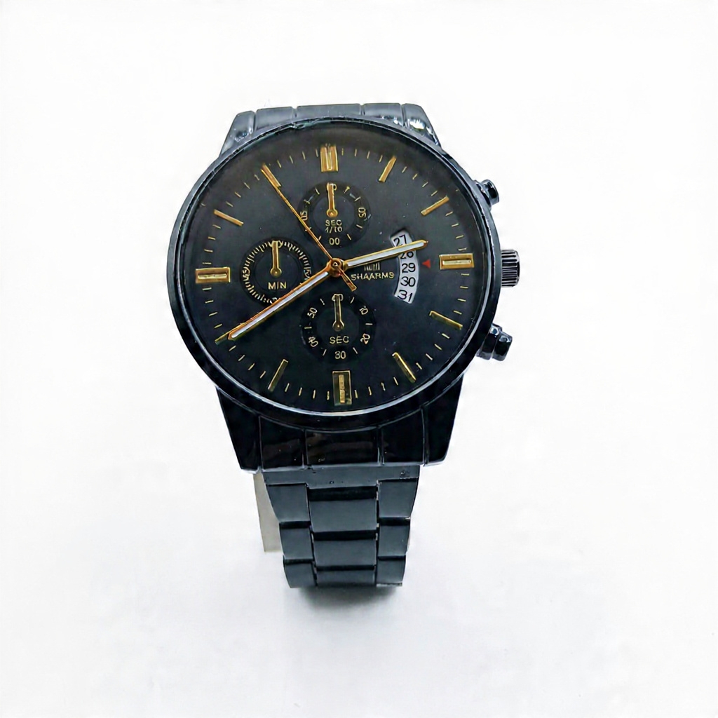 Relógio Masculino Black Chrono Premium Aço Preto com Detalhes Dourados
