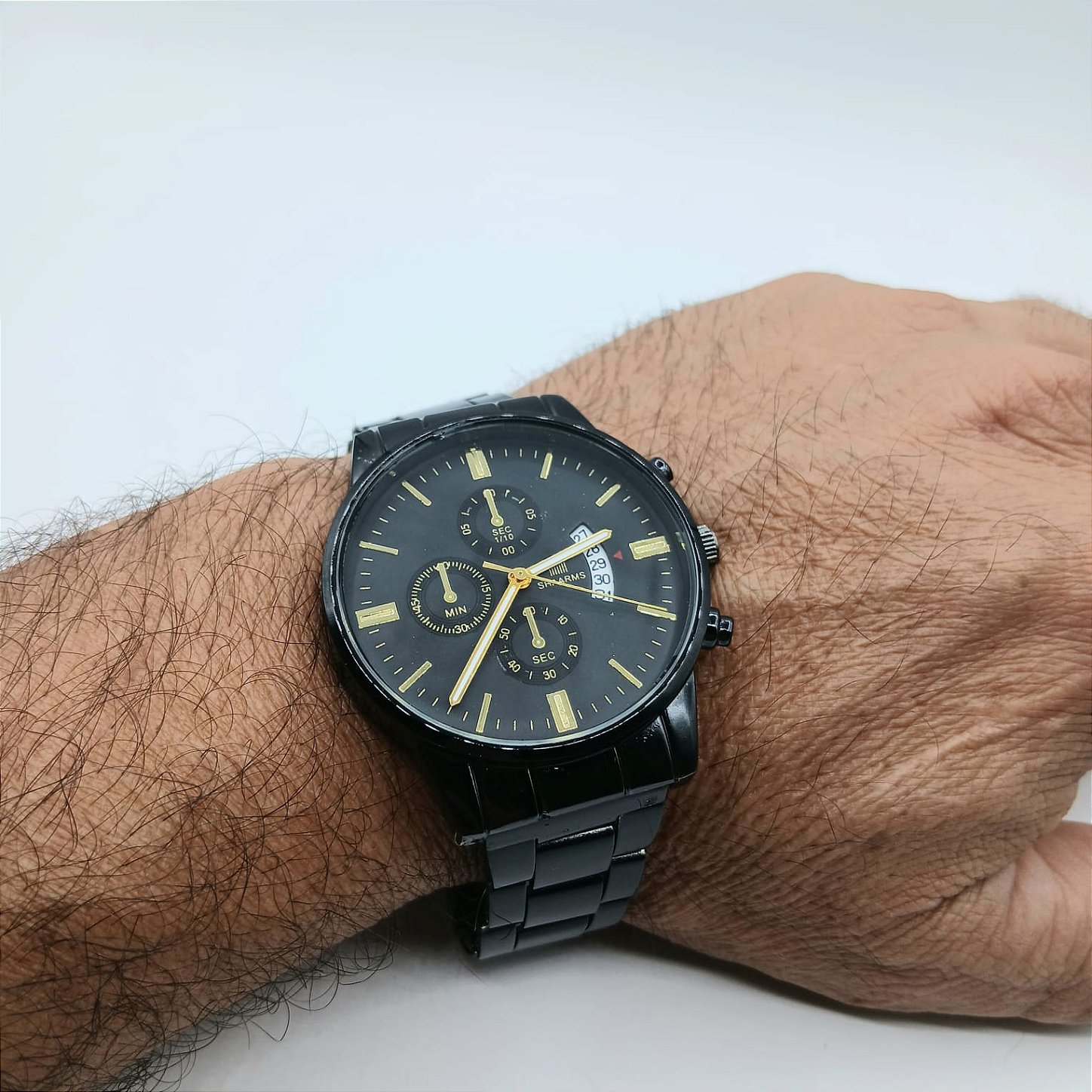 Relógio Masculino Black Chrono Premium Aço Preto com Detalhes Dourados