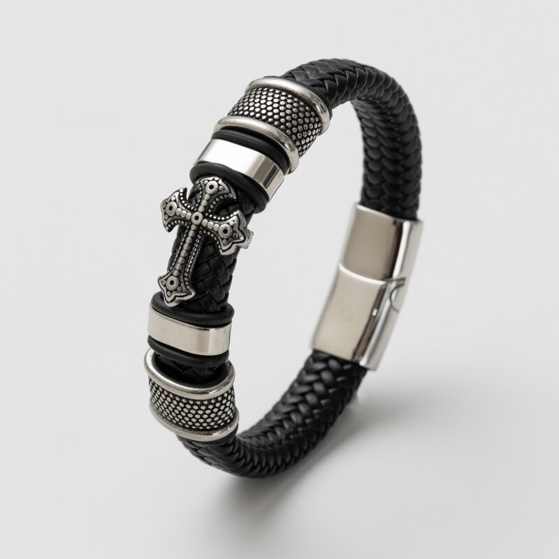 Pulseira clássica de couro preto para homens, joia de mão, presente, pulseira de
