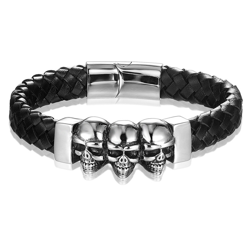 Pulseira clássica de couro preto para homens, joia de mão, presente, pulseira de