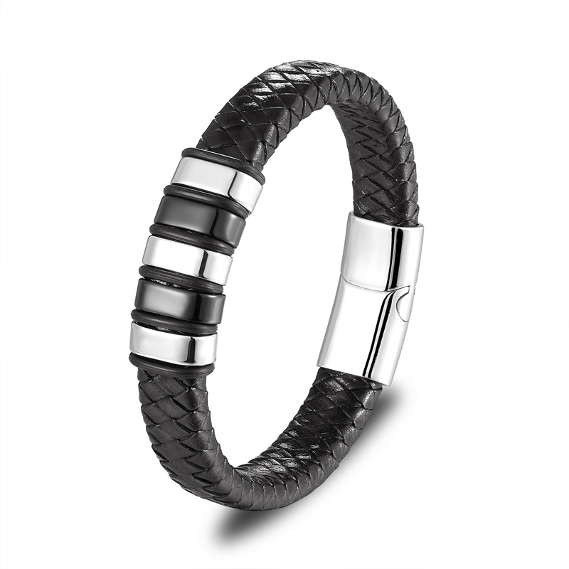 Pulseira clássica de couro preto para homens, joia de mão, presente, pulseira de