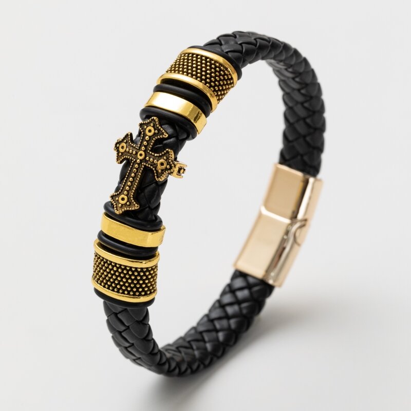 Pulseira clássica de couro preto para homens, joia de mão, presente, pulseira de