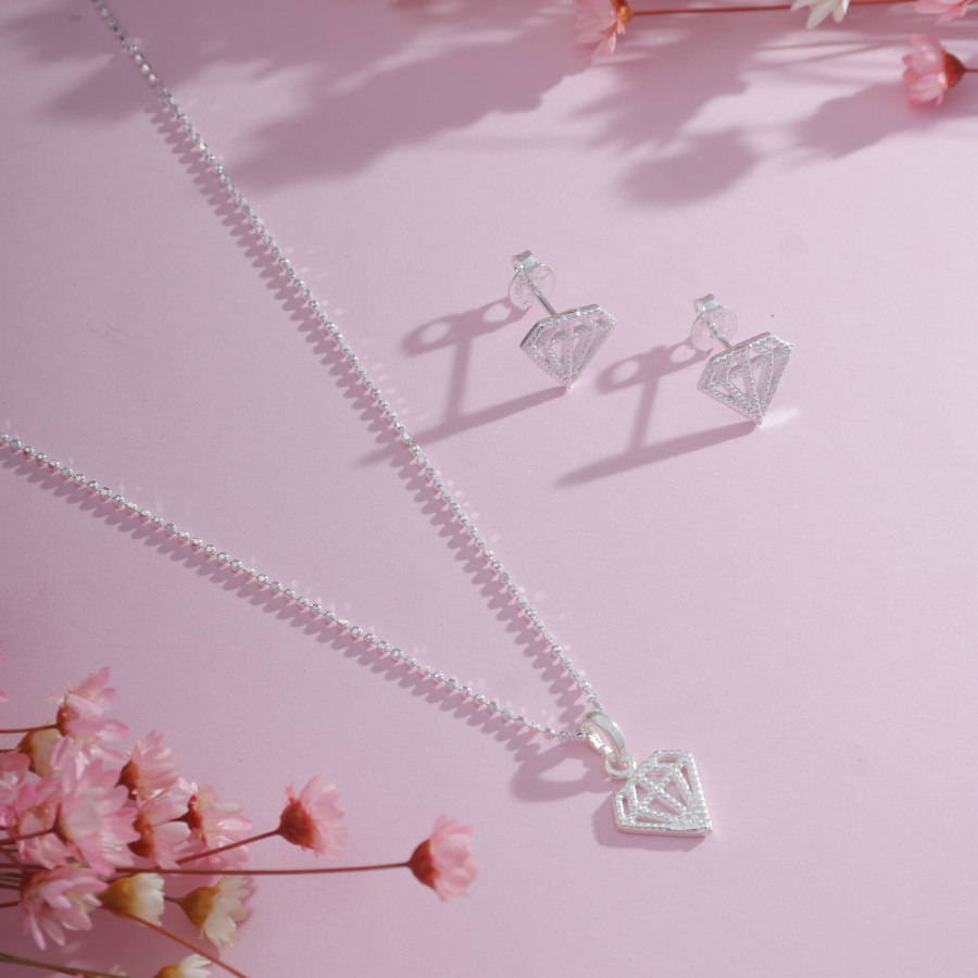 Conjunto Colar Pingente Par Brinco Feminino Prata Legitima