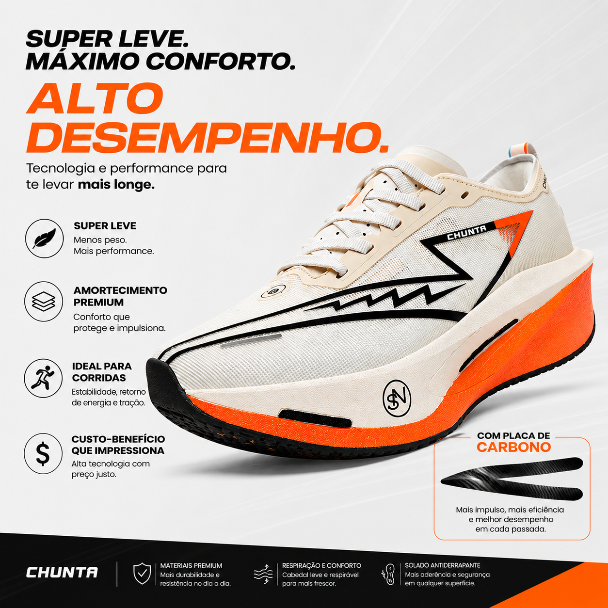 Tênis de Corrida com placa de Carbono Chunta responsivo Branco e Laranja