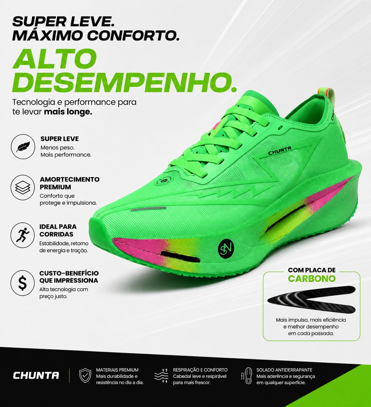Tênis de Corrida com placa de Carbono Chunta responsivo Verde