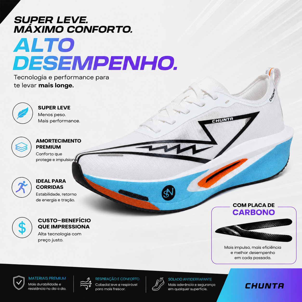 Tênis de Corrida com placa de Carbono Chunta responsivo Branco e Azul
