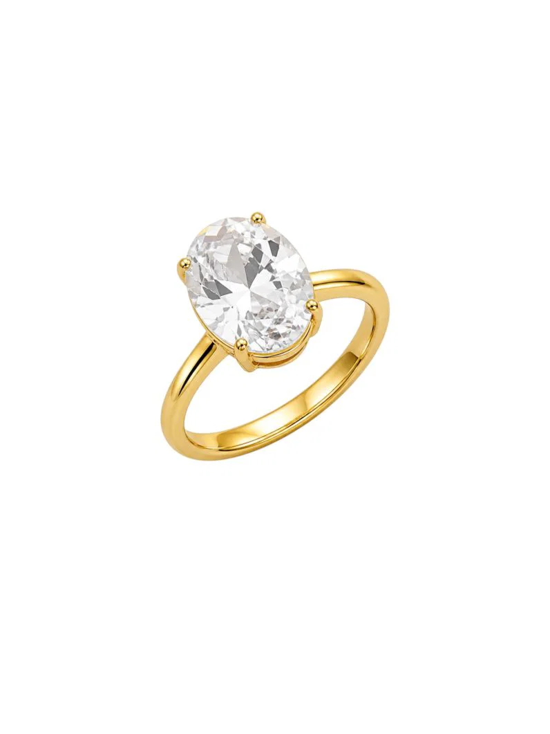 Anel Georgina Folheado a Ouro 18k, Prata 925 e Diamante Solitário Pedra Oval - 10mm