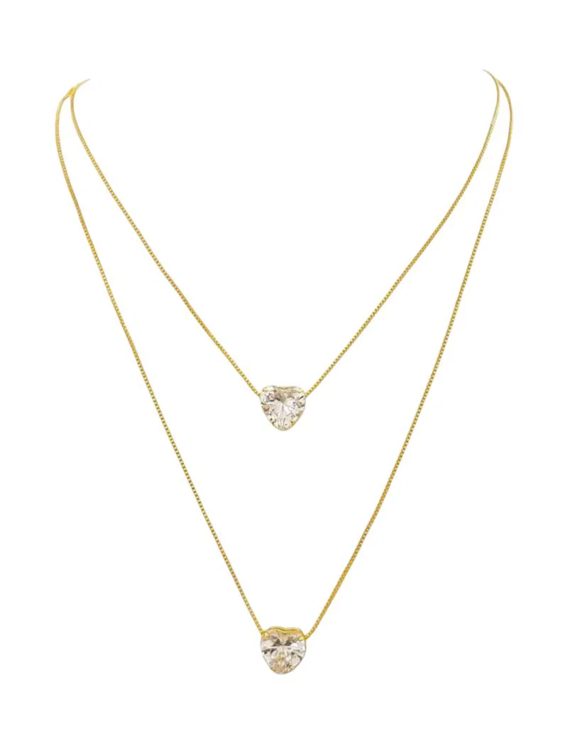 Colar Duplo Folheado a Ouro 18k Coração Cristal
