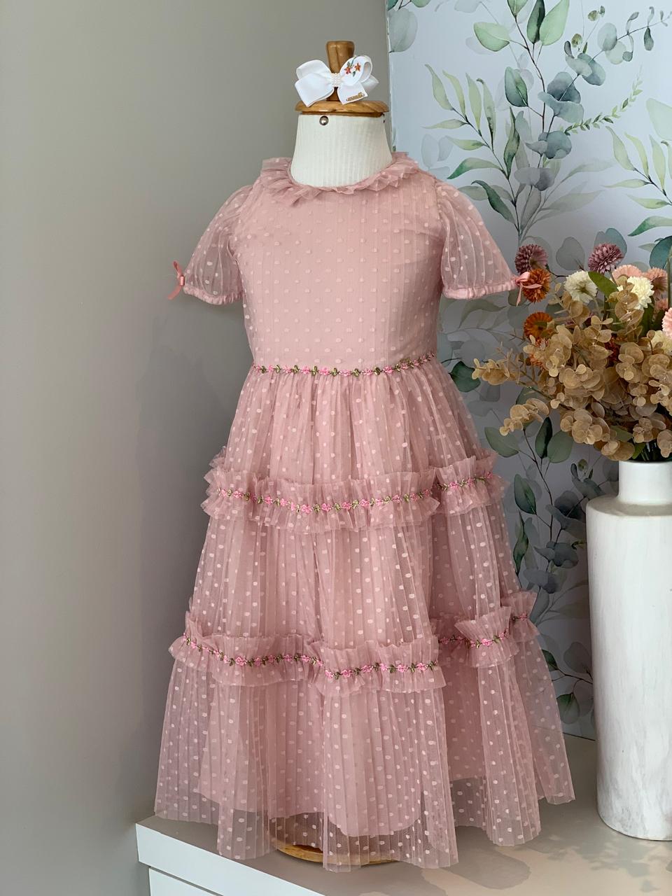 Vestido Rosa Seco Tule Poá Roana