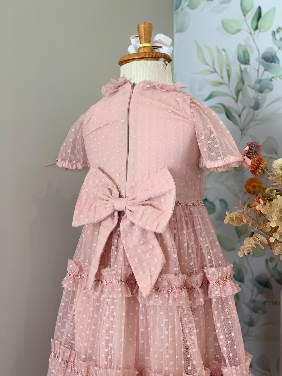Vestido Rosa Seco Tule Poá Roana