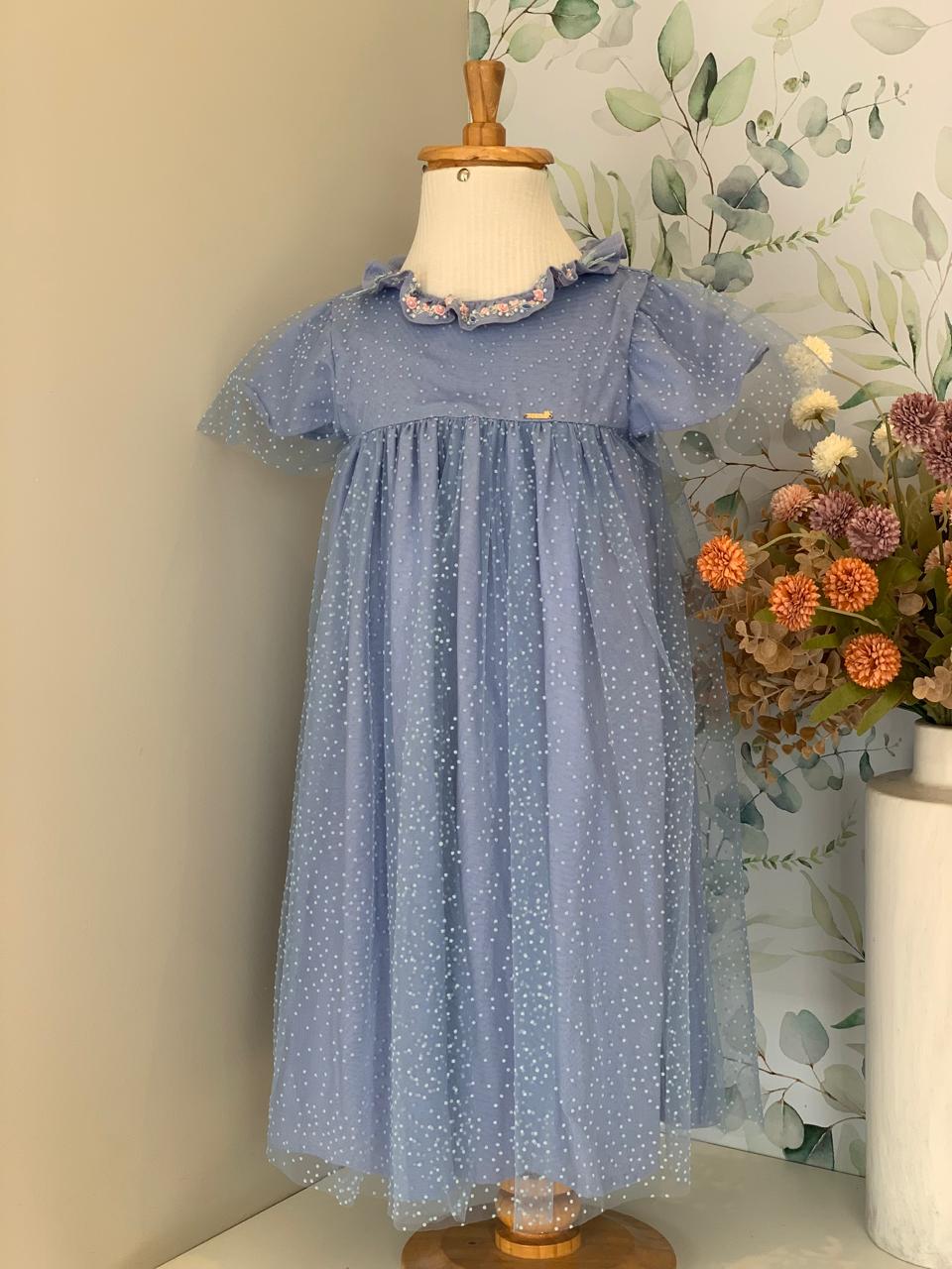 Vestido Azul Tule de Poá Roana