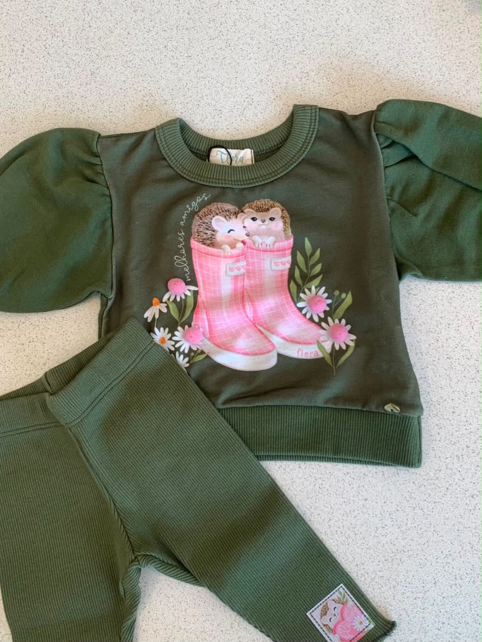 Moletom Mangas Bufantes e Legging Verde Infanti