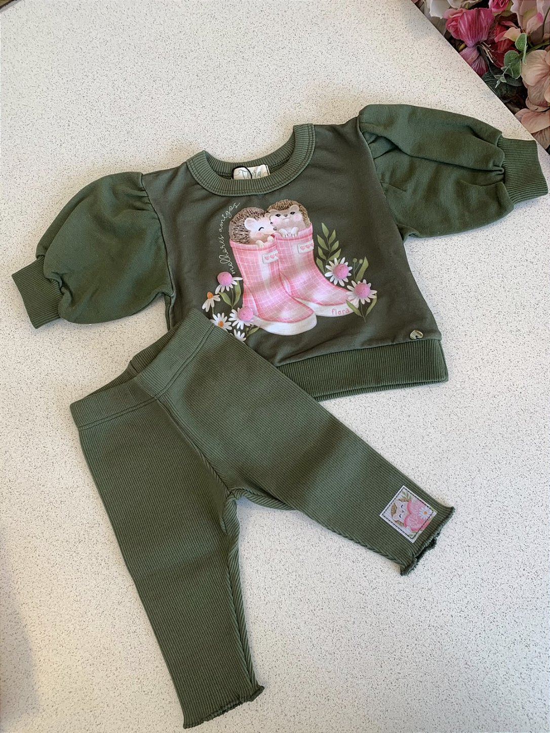 Moletom Mangas Bufantes e Legging Verde Infanti
