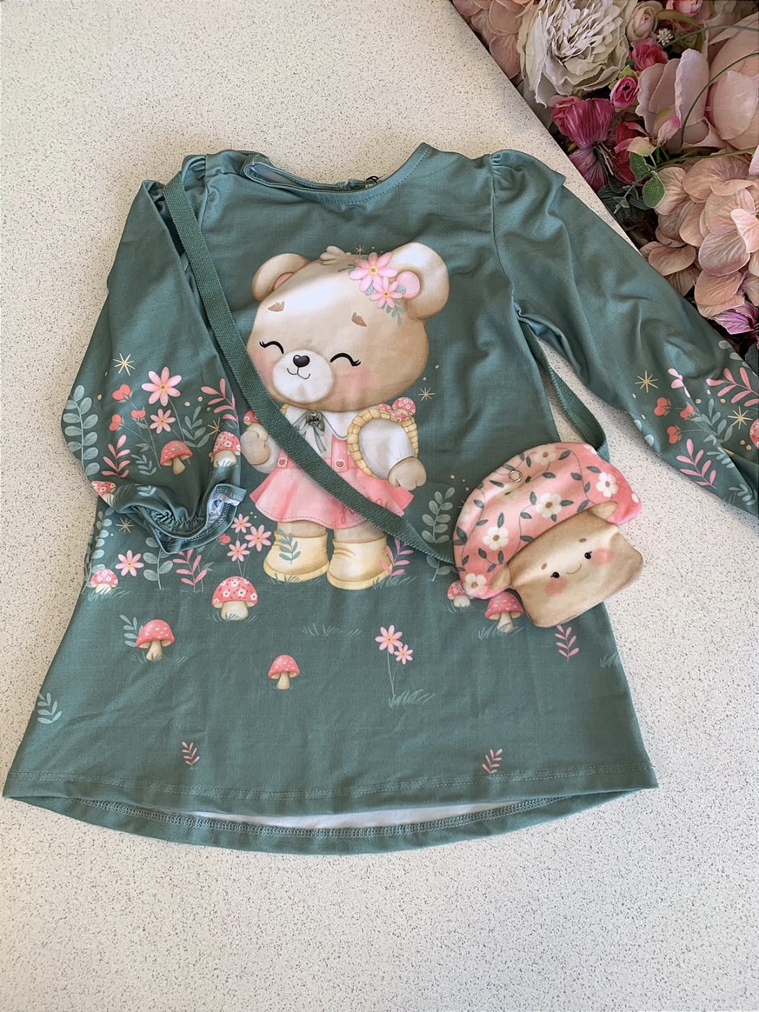Vestido Malha Verde c/ Bolsa de Cogumelo Infanti
