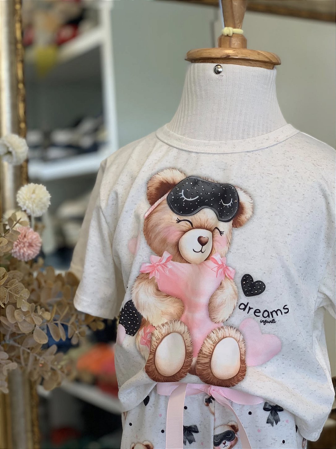 Conjunto Pijama Ursinho Preto e Rosa Malha Infanti