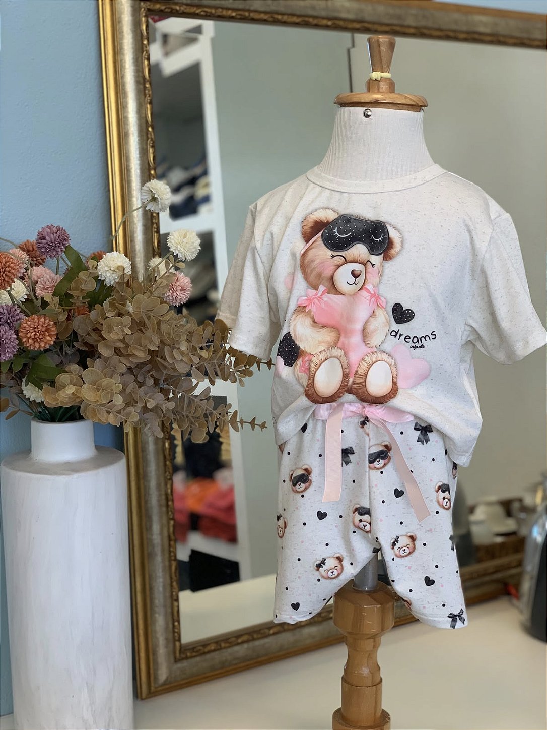 Conjunto Pijama Ursinho Preto e Rosa Malha Infanti