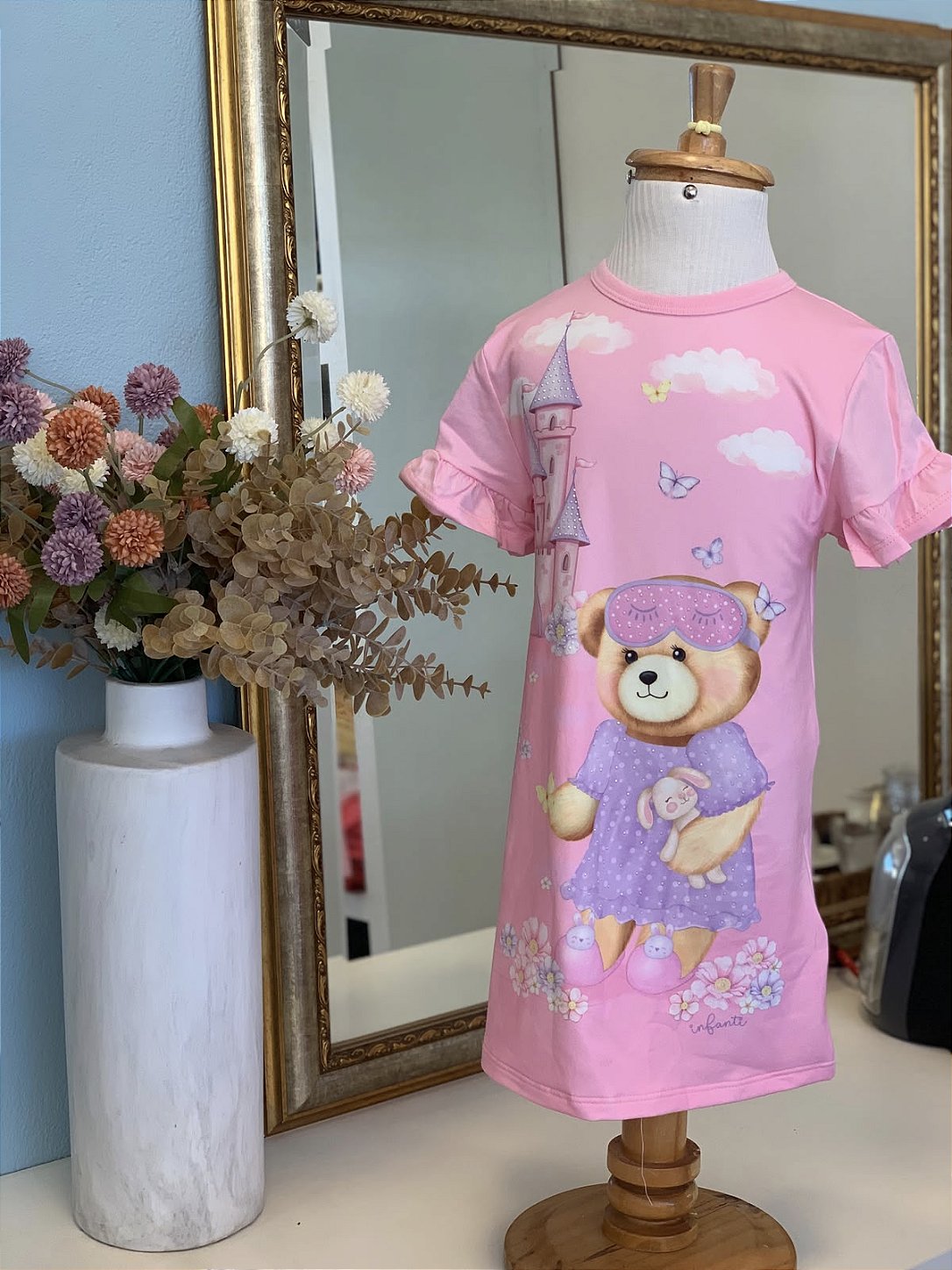 Camisola Urso e Castelo Malha Rosa Infanti