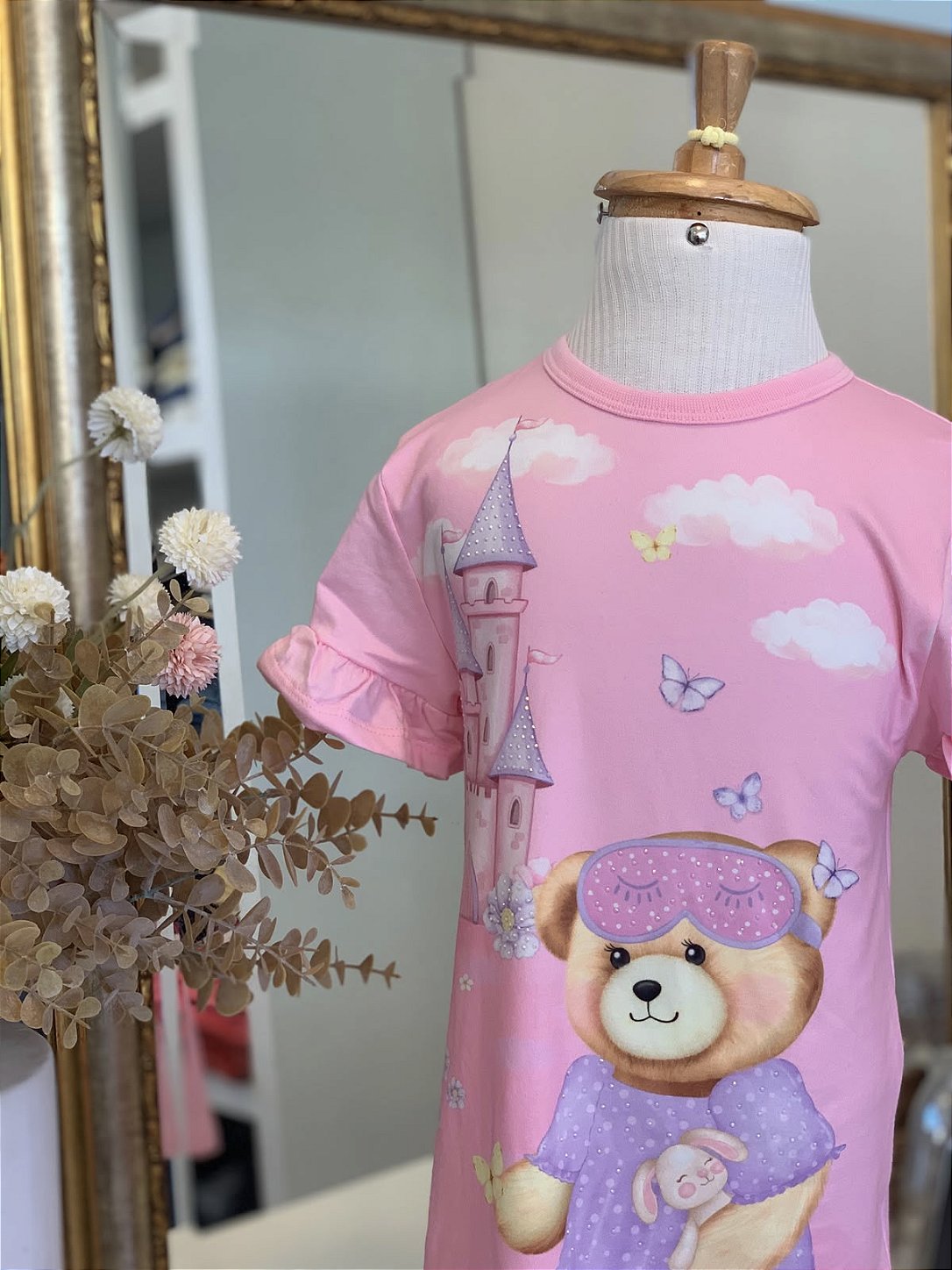 Camisola Urso e Castelo Malha Rosa Infanti