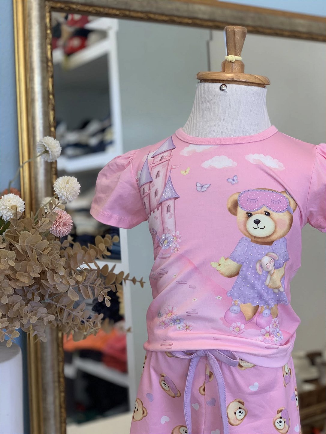 Conjunto Pijama Ursinho E Castelo Malha Rosa Infanti