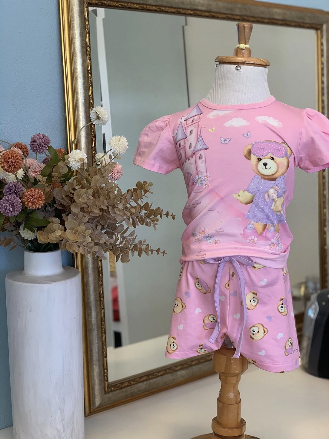 Conjunto Pijama Ursinho E Castelo Malha Rosa Infanti