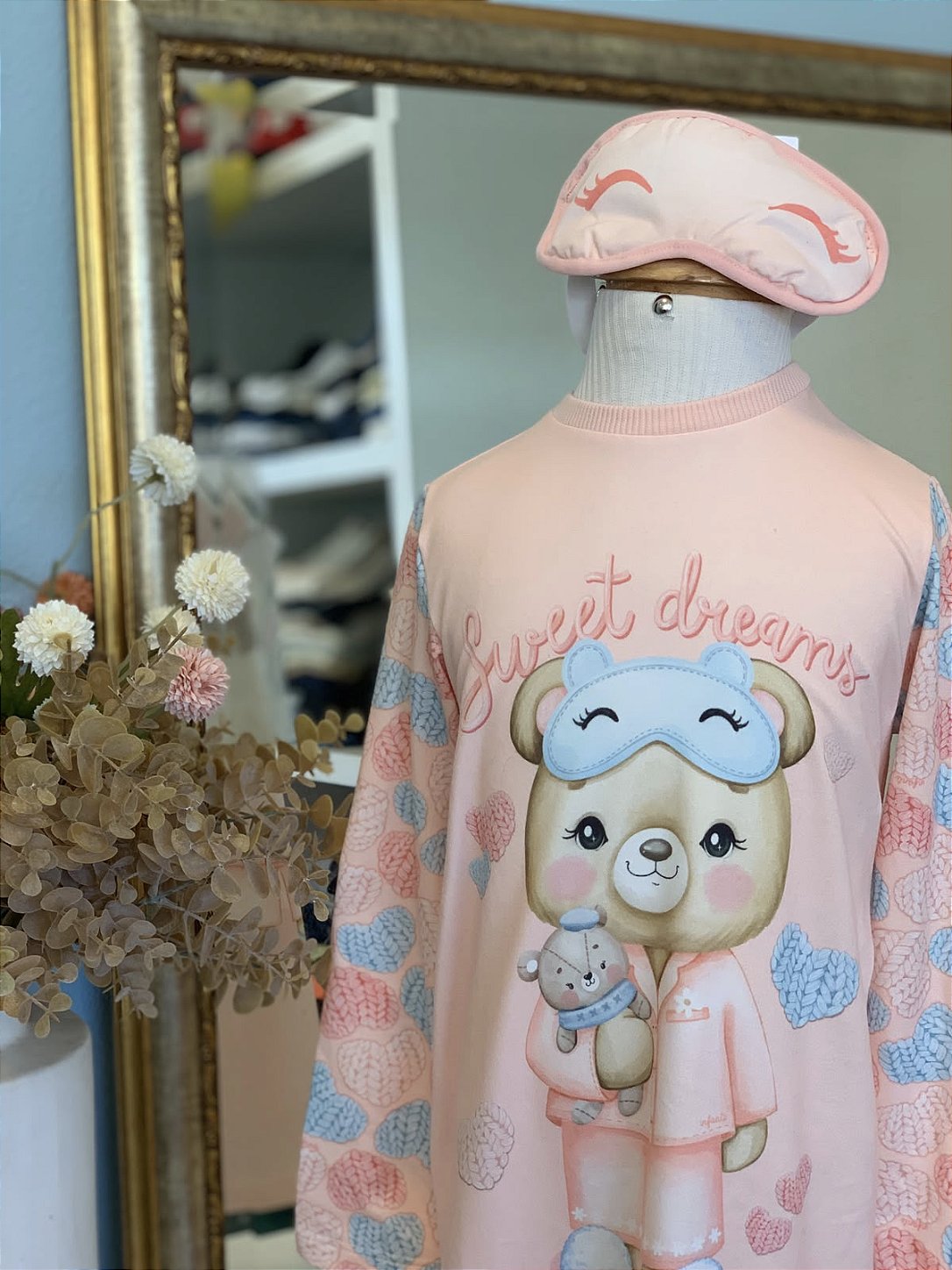 Camisola ML Urso Malha Rosa Pêssego c/ Máscara Infanti