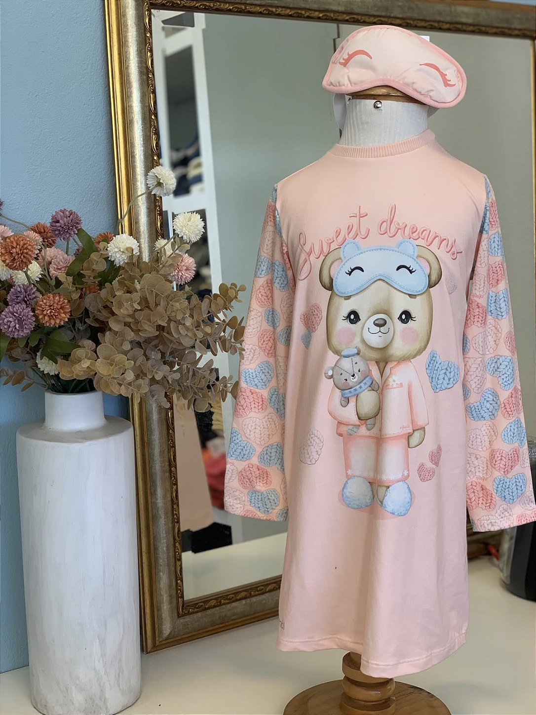 Camisola ML Urso Malha Rosa Pêssego c/ Máscara Infanti