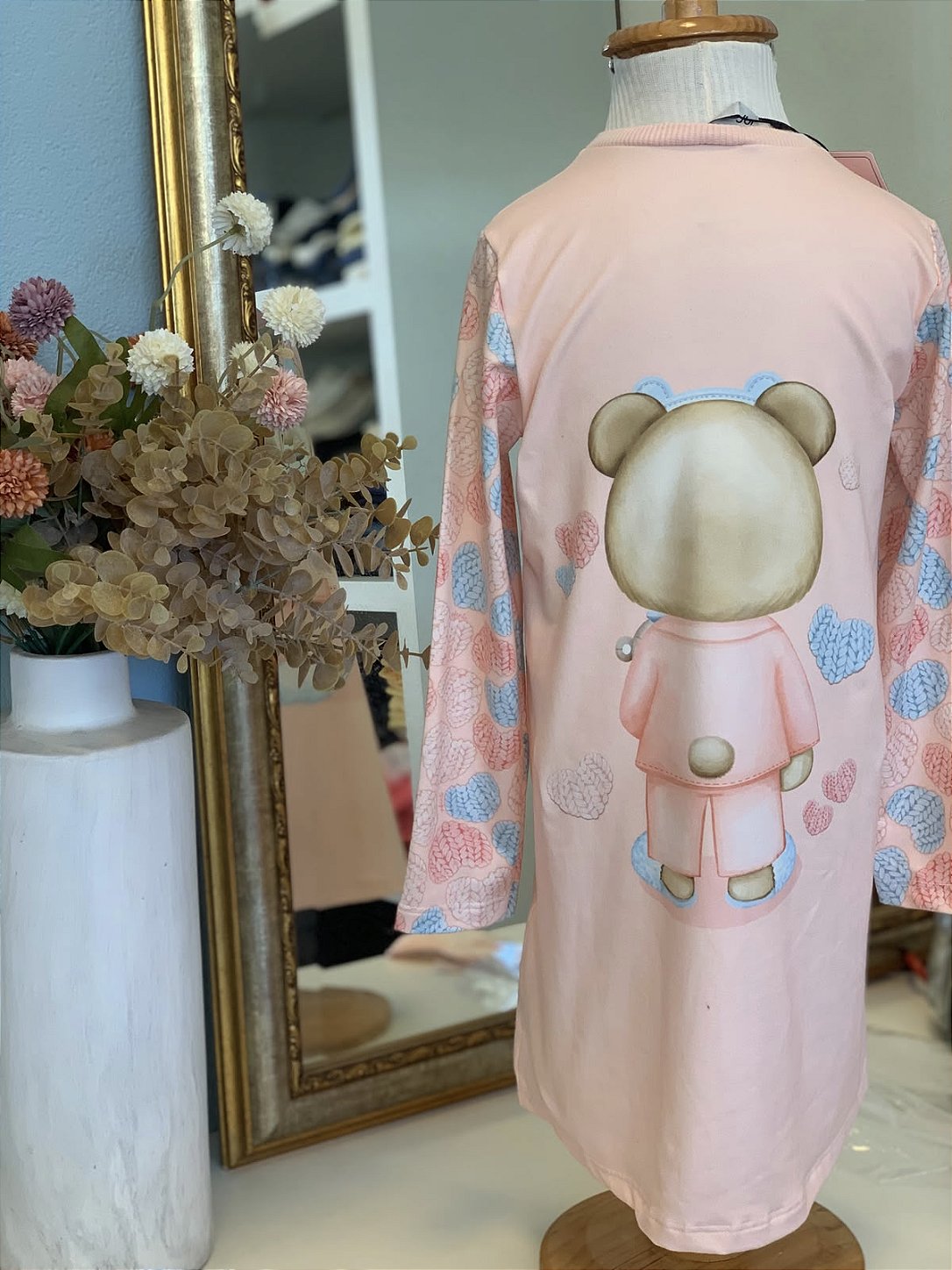 Camisola ML Urso Malha Rosa Pêssego c/ Máscara Infanti