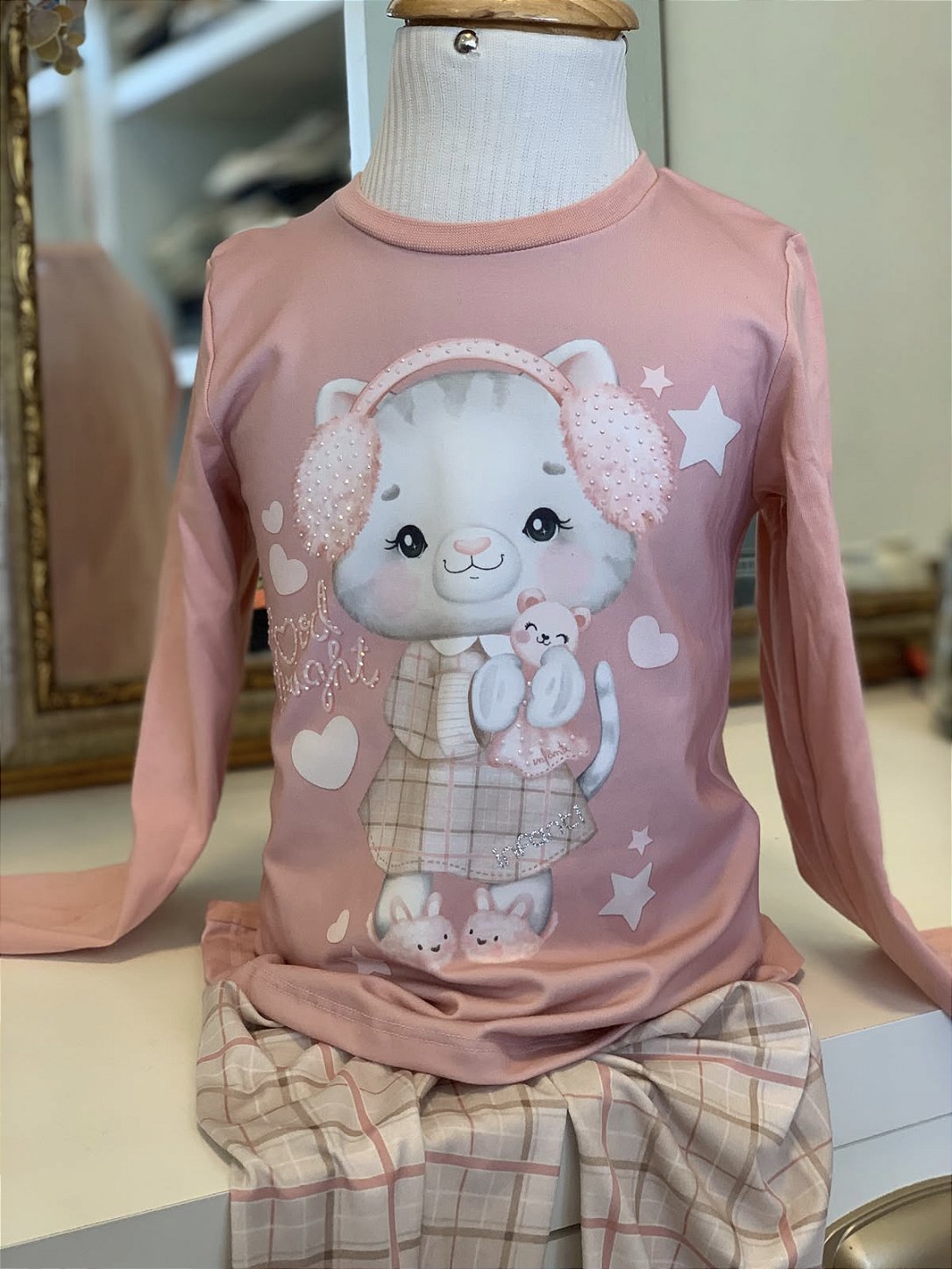 Conjunto Pijama ML Gatinho Malha Rosa Seco Infanti